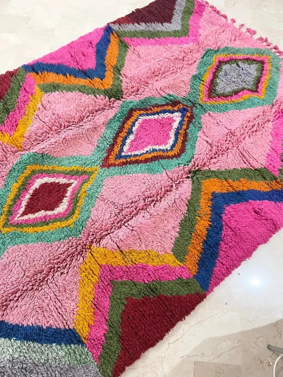 Tapis Beni Ourain Marocain 6x8 Pieds - Laine Tissée Main - Design Géométrique Rose Doux - Neuf