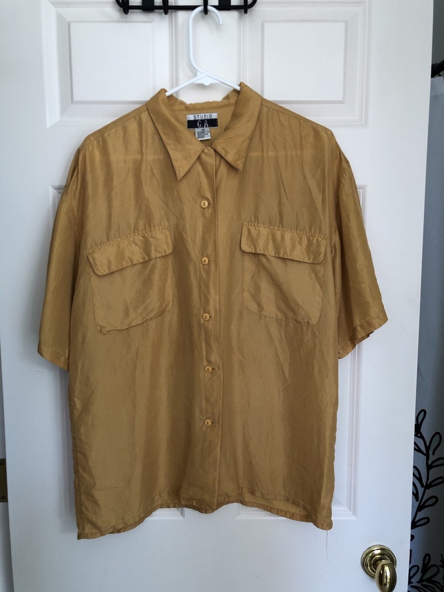 Vintage Studio G.A. 100% Silk Mustard Gold Short Sleeve