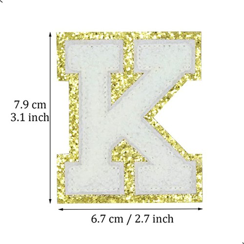 Chenille English Letter White A-Z Iron On Repair Patch with Gold Glitter Border - Picture 19 of 35