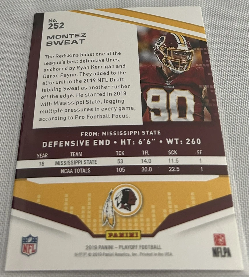 2019 Panini Playoff Football Montez Sweat Washington Redskins rookie #252 - Image 3 of 3