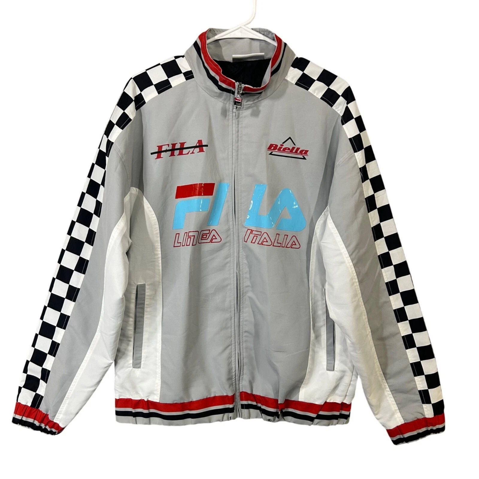 Fila's Men's Size S Lightweight Jacket Monograms & Checkered Sleeves EUC