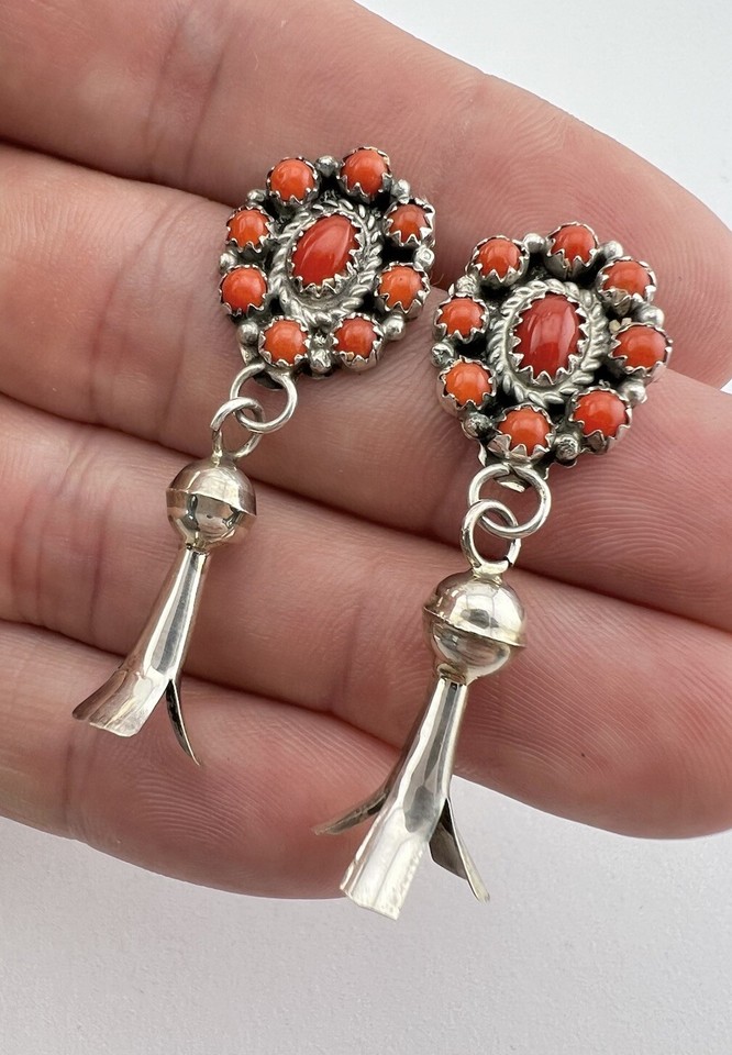 Vtg Navajo Sterling Silver Coral Cluster Squash Blossom Dangle Earrings