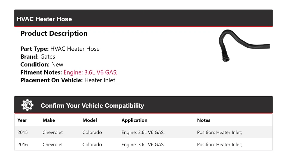 Para Chevrolet Colorado 2015-2016 3,6 L V6 gas climatizador manguera calefacción puertas de entrada Foto 2 de 3