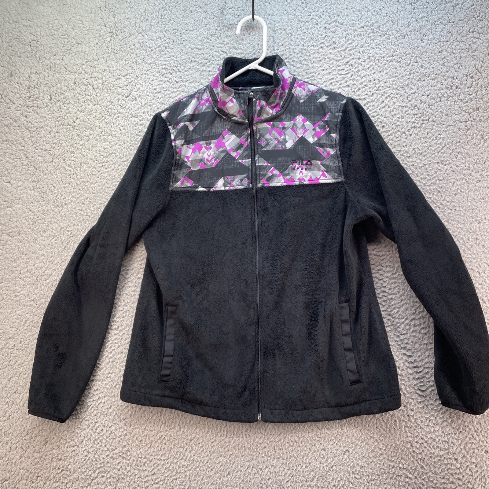 Stampa design Fila Sport donna taglia media nero pile viola cerniera intera usata