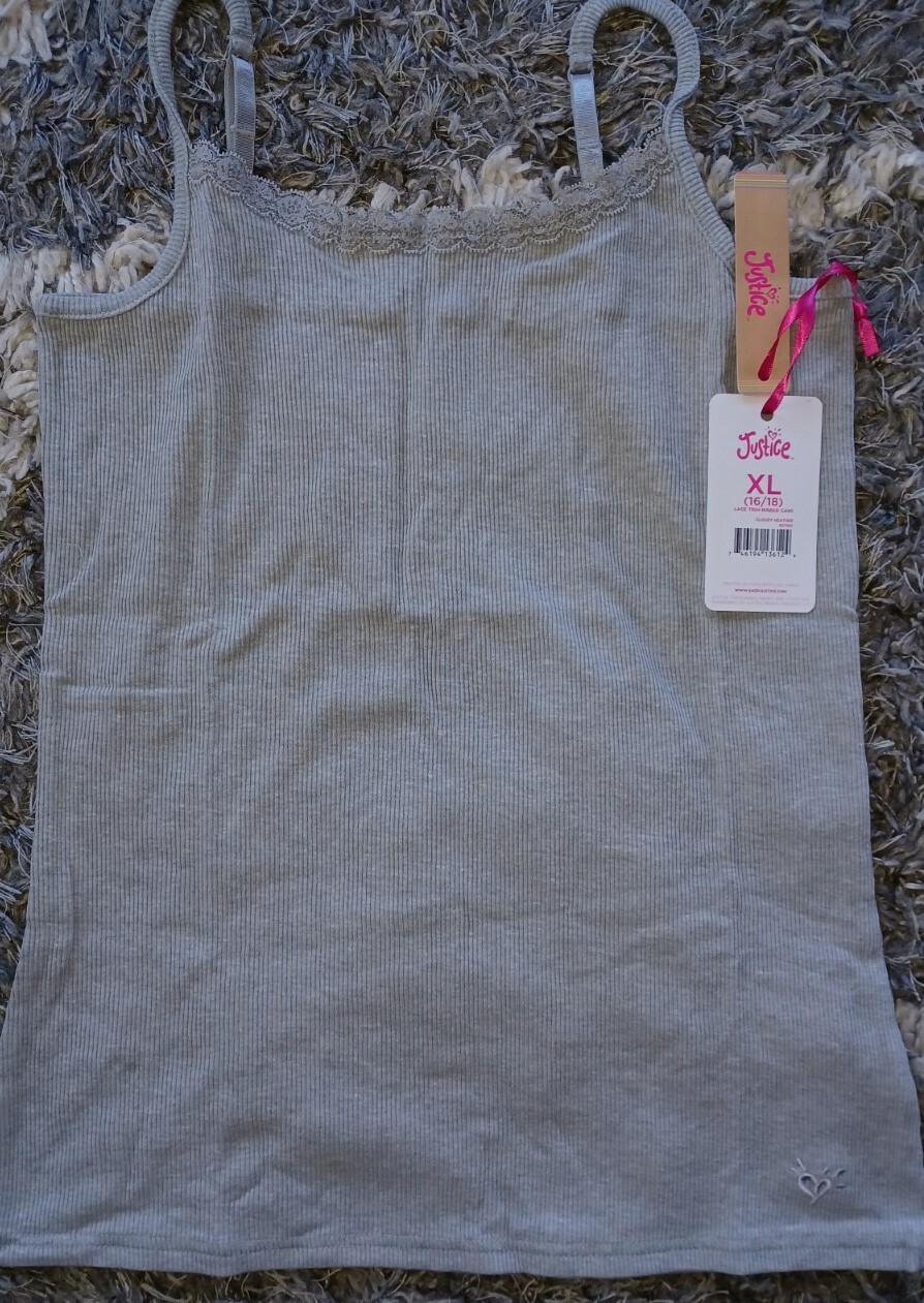 Girls justice lace trim cami tank size 16/18 new grey | eBay
