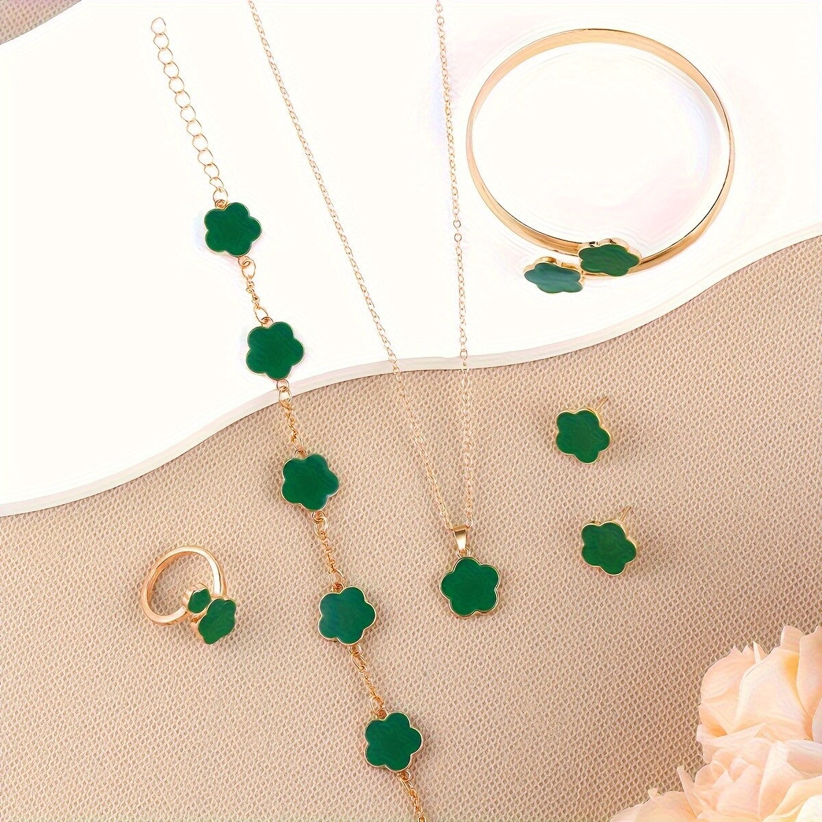 Lucky Flower Design Jewelry Set - Stud Earrings Necklace Bracelet Bangle Ring-image