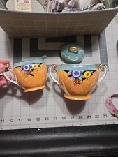 Japanese Sugar Bowl And Creamer Set Lusterware Gold Trim Porcelain Vintage VTG