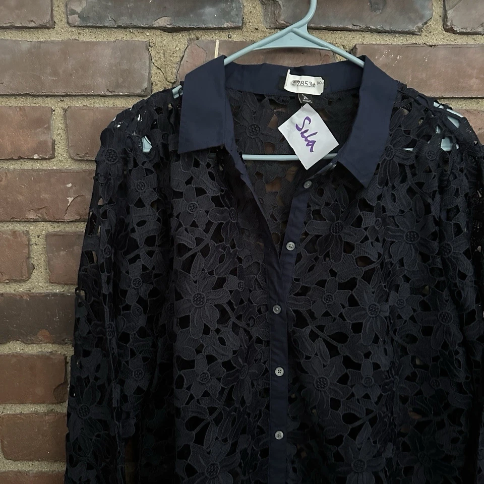 Banana Republic | Blusa Azul Marino Floral Encaje Recortado Ojales Romántica Talla XL