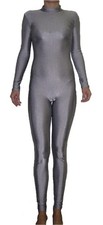 Women Catsuit 330-90 Long Sleeve High Collar Zipper Back Gray Spandex Size S