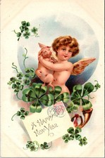 Postcard New Year Angel Cherub Clover Pig Trumpet glitter