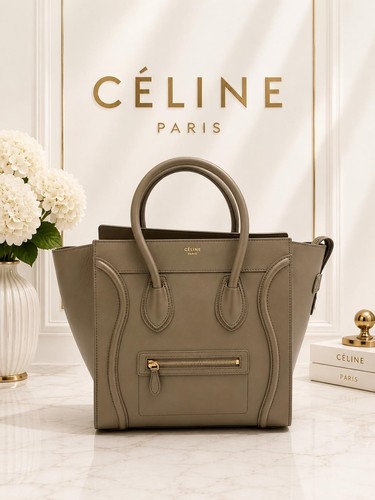 Authentic Celine Nano Luggage Taupe Leather Tote Bag Top Handle Crossbody Luxury