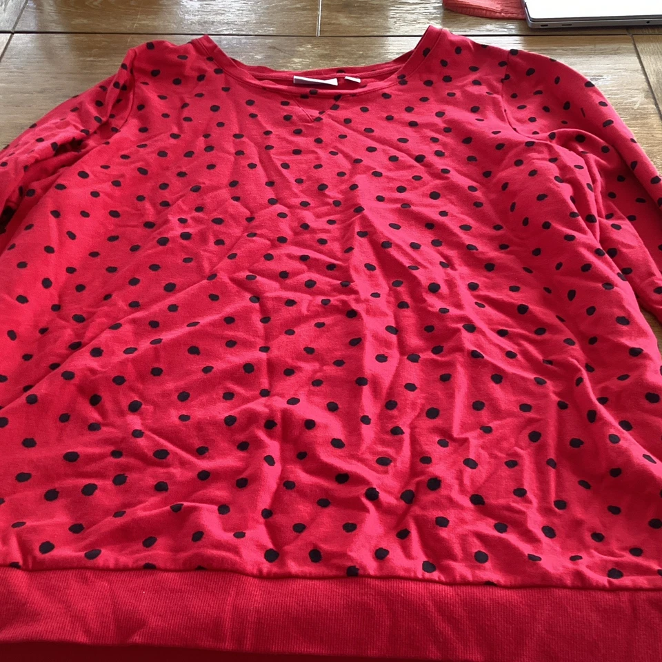 Denim & Co Cotton  Blend Long Sleeve  Polka Dot  Sweatshirt Size 2X Red Black - Image 4 of 4