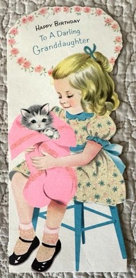 Vintage Birthday Girl Hold Kitten Pink Blanket Glitter Greeting Card 1950s 1960s