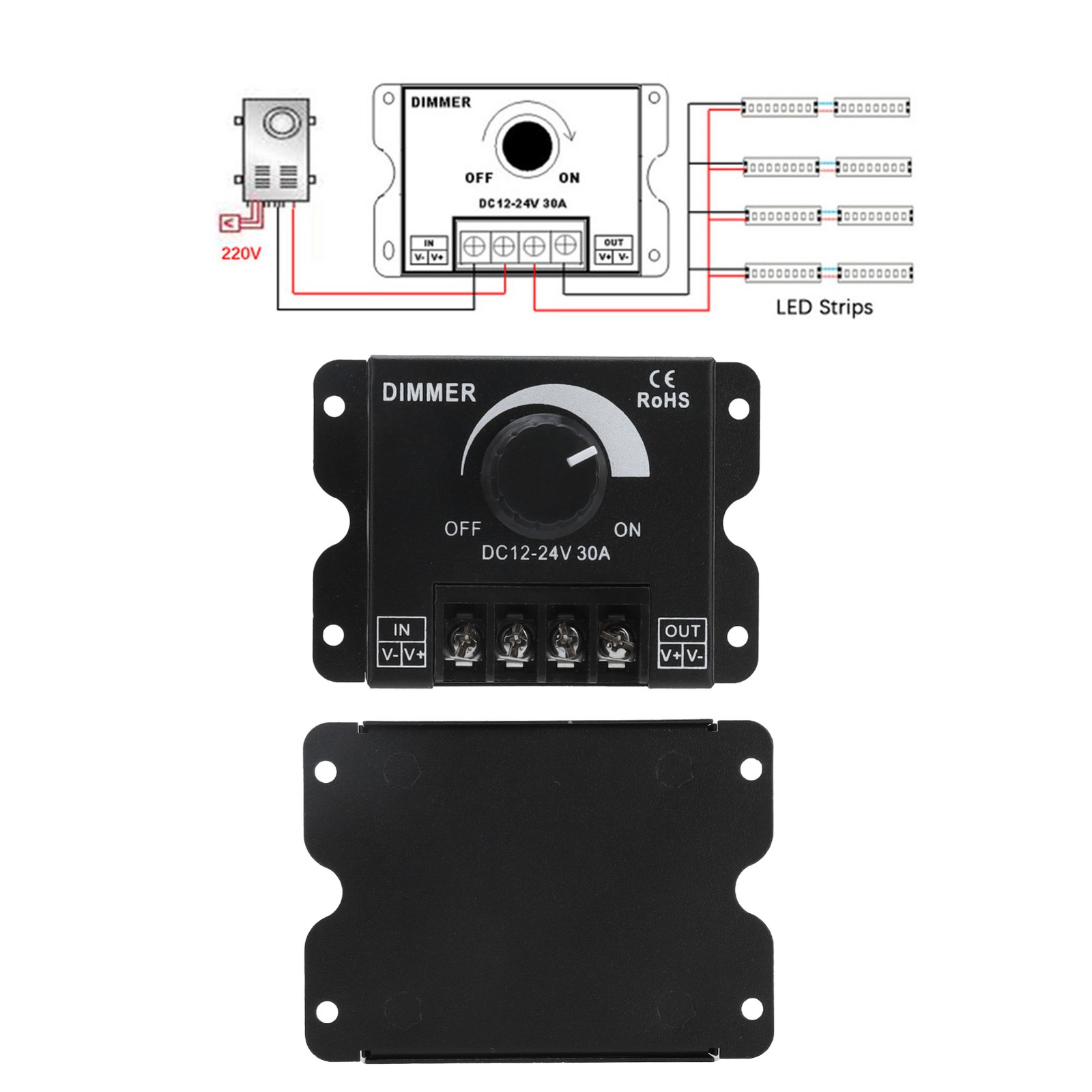 30A LED Dimmer PWM Unicolor Single Channel Adjustable Dimming Controller DC