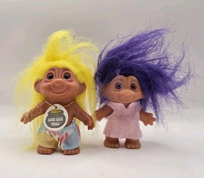 Vintage Russ Troll Dolls 3'' Good Luck Yellow Hair & Girl Purple Hair & Dress