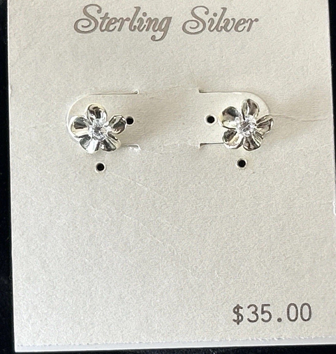 NEW STERLING SILVER 925 PLUMERIA FLOWER EARRINGS POST STUD W/CZ