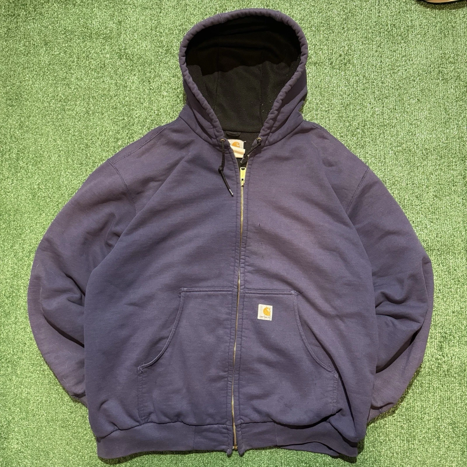 Vintage Carhartt Thermal Lined Waffle Knit Zip Up Hoodie Sweatshirt XL Navy Blue