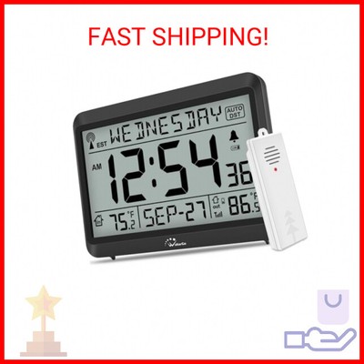 WallarGe Atomic Clock with Indoor Outdoor Temperature, Self-Setting Digital Wall