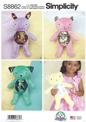 Simplicity S8862 Bear, Bunny, Cat & Dog w Flip Sequin Bellies UNCUT Pattern