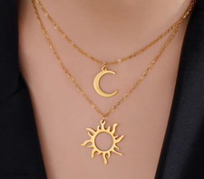 Damen Halskette Sonne Mond Silber Gold Feine Kette Kettchen Geschenk für Frauen
