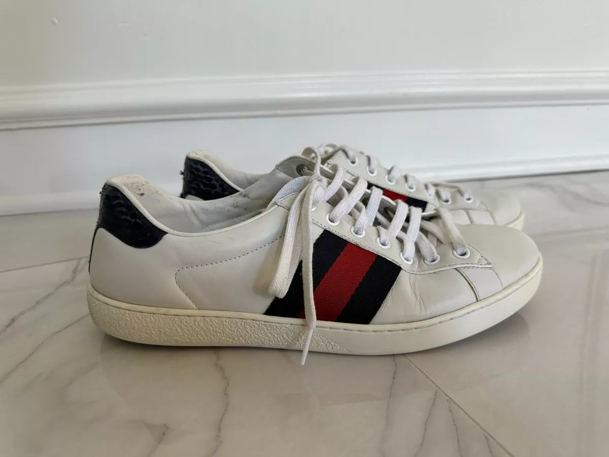 Gucci Ace White Leather Lace up Sneaker, Blue/Red Stripe, Men's Size 7.5 UK  8 US | eBay