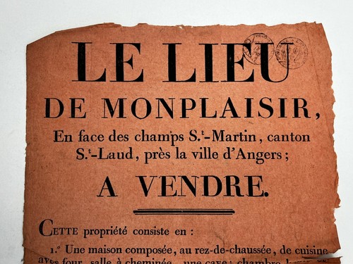 Affiche Ancienne Placard XIXe Ville d'Angers Monplaisir Vente de terrain 1821 - Imagen 2 de 6