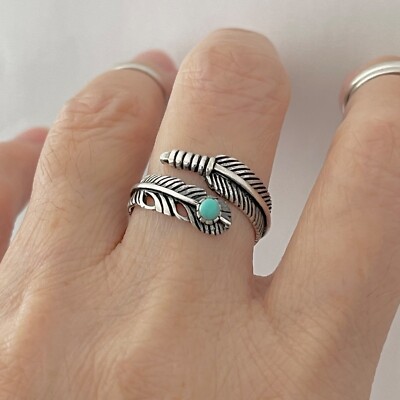 Sterling Silver Feather Ring with Turquoise, Silver Rings, Angels