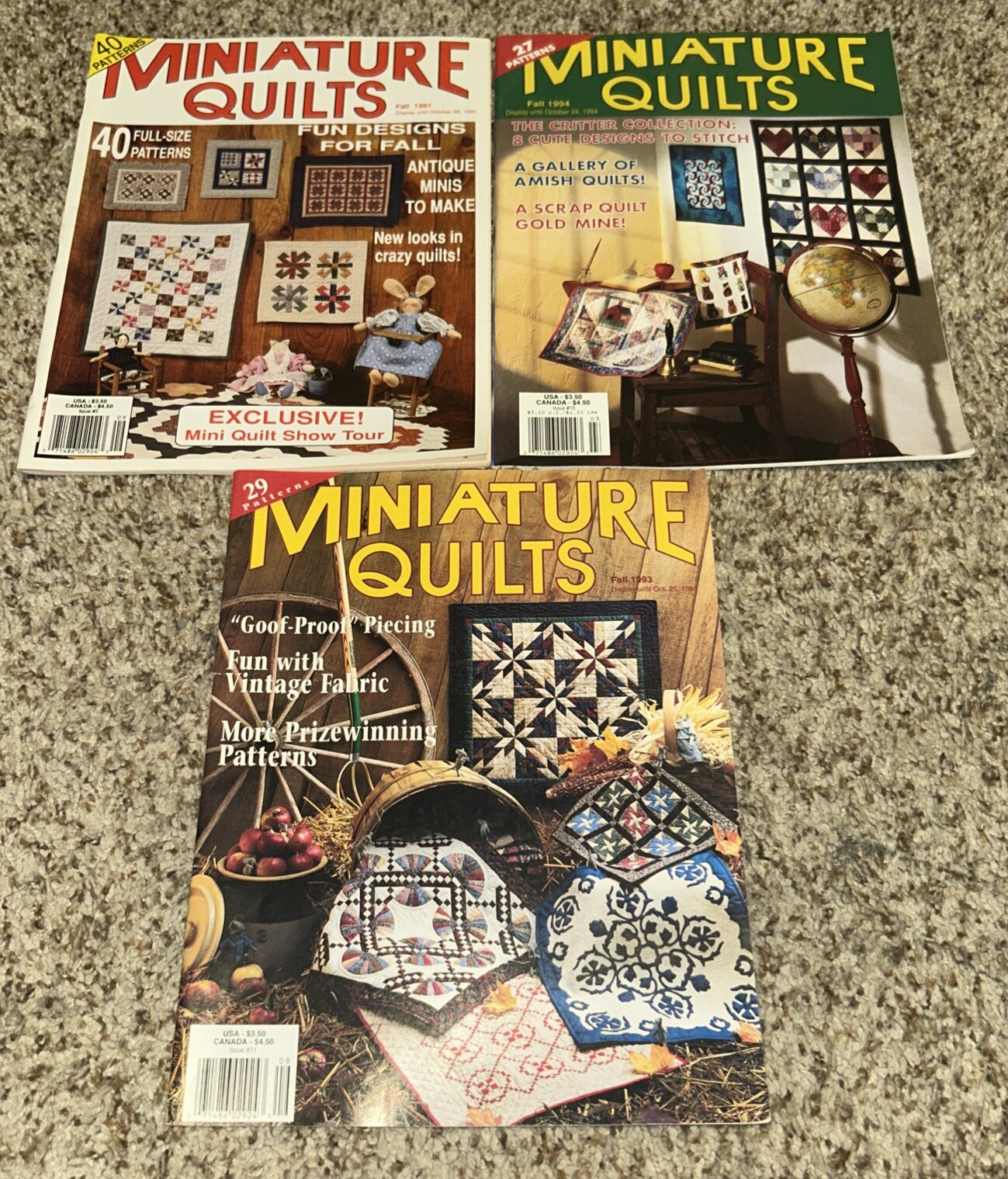 Vintage Lot Of 3 Fall Miniature Quilts Magazines 1991-93, 96 Patterns!