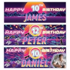 Personalised birthday banner photo retro video game party boy kids decorations