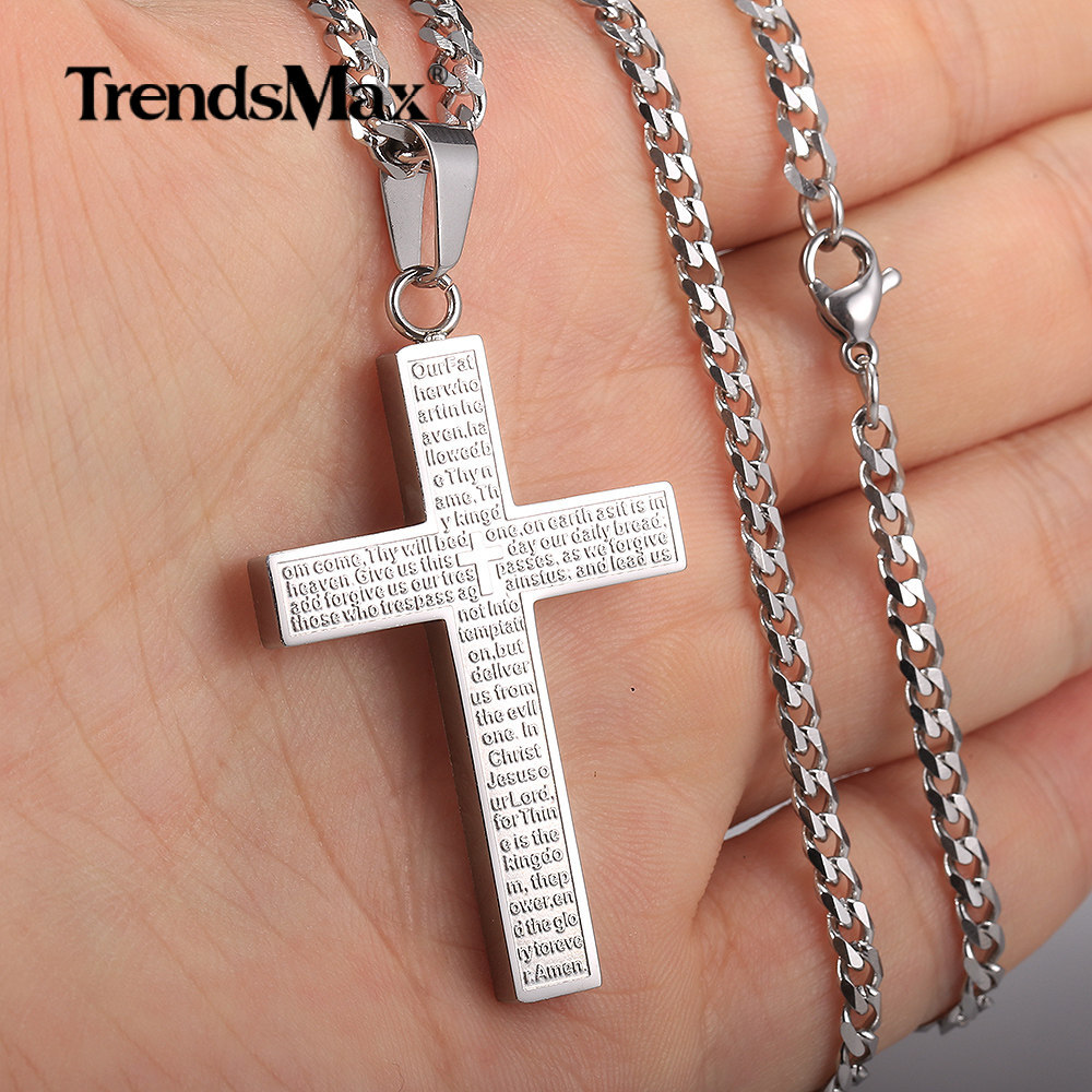 Silver Stainless Steel Jesus Christ Craved Cross Pendant Necklace 16
