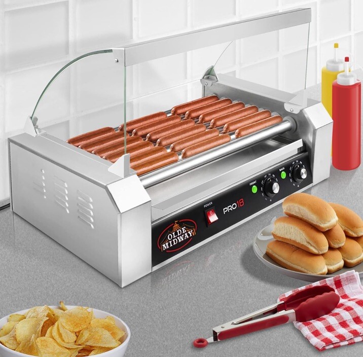 Commercial Electric 18 Hot Dog 7 Roller Grill Cooker Machine with Glass Cover