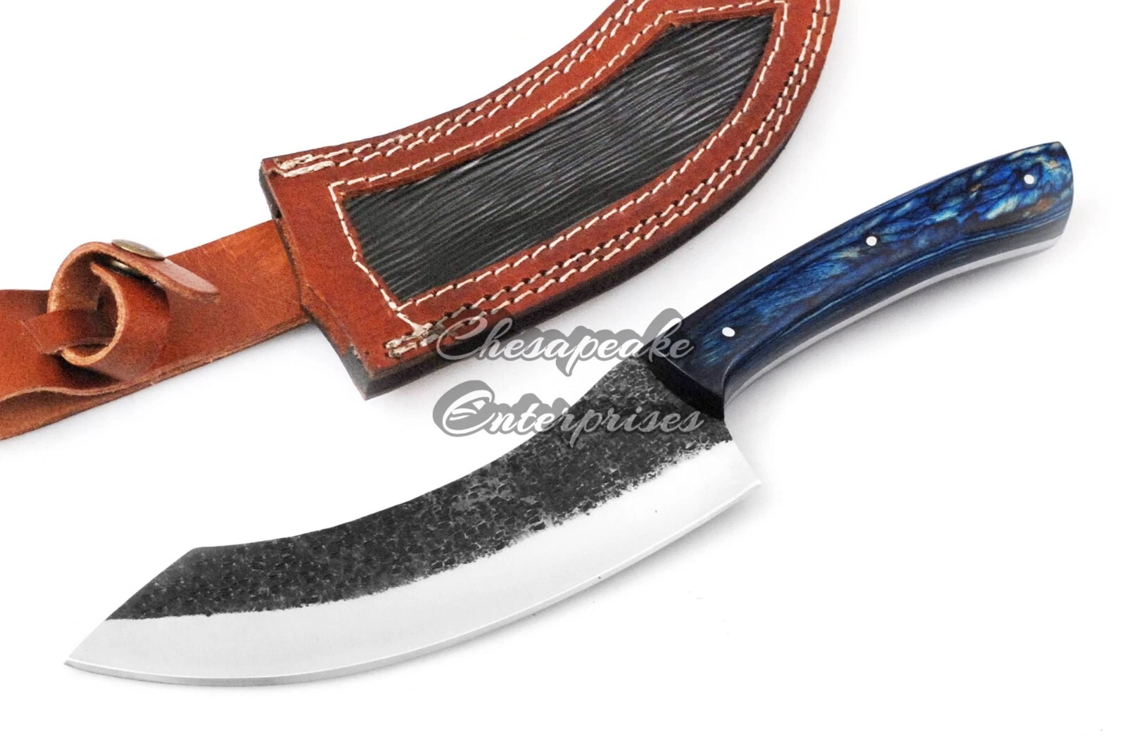 Custom Handmade Carbon Steel Blade Chef Knife with Leather Sheath.