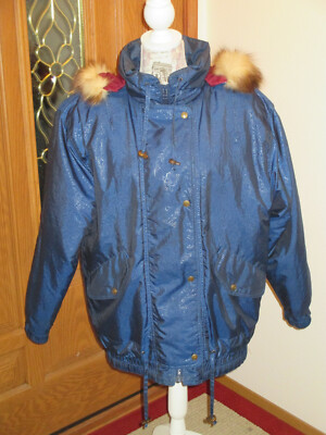 Andy Johns Medium Blue Real Fur Trim Hoodie Puffer Zip Snap Parka Jacket Finland
