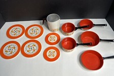 Chilton Toys Aluminum Pots Plastic Plates Orange Folk Art Design Kitchen Set