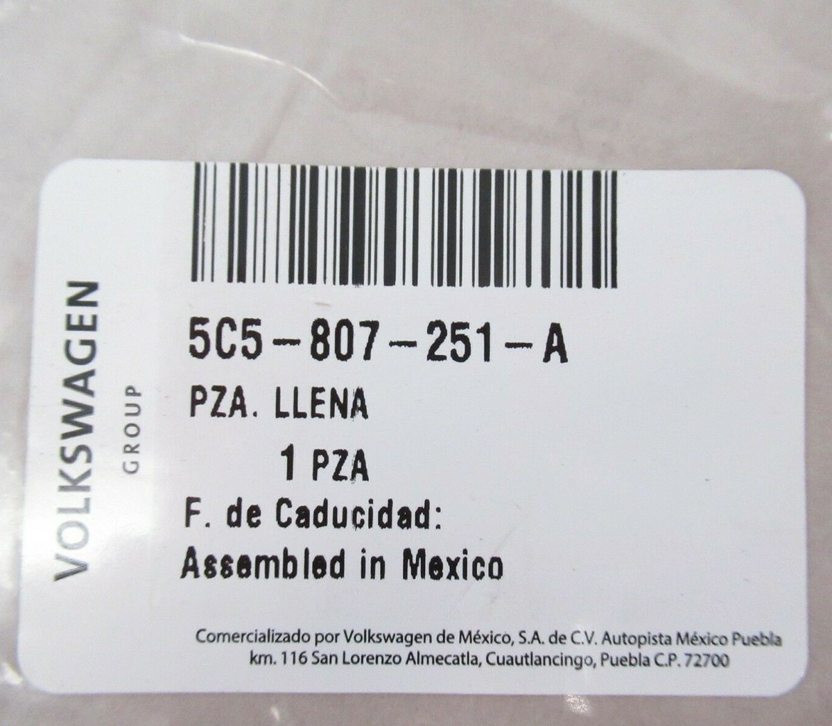 Genuine OEM Volkswagen 5C5-807-251-A Rear Bumper Impact Absorber