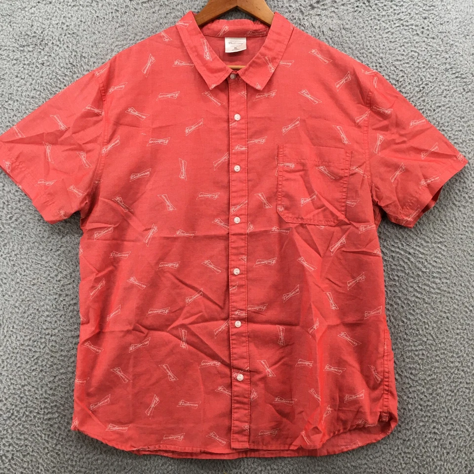 Budweiser Button-Up Short Sleeve Shirt Mens XL Collared Pocket Casual Red Cotton - Image 2 of 4