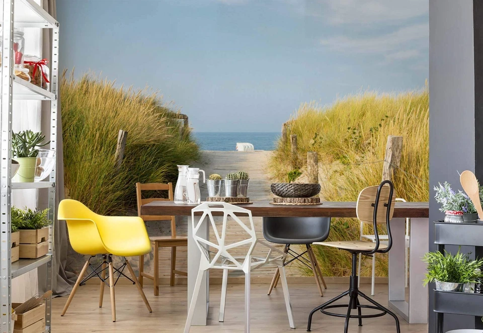 Papel pintado de playa para dormitorio mural de pared paisaje de vacaciones 368x254 cm azul mar Foto 3 de 4