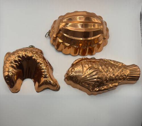 Vintage Copper Jello Molds Set 3 Crab Squirrel Fish Tin Lined Wall Decor 8"