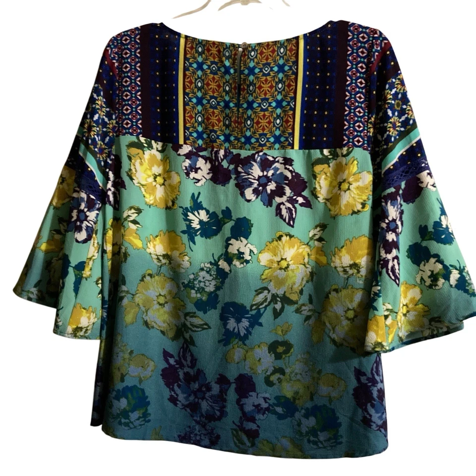 Figueroa & Flower Blouse 1X Tunic Floral Fade Sheer Boho Whimsical Art-To-Wear - Image 2 of 4