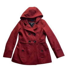 Metaphor Women Red Hooded Double Breasted Belted Peacoat Jacket Size S Holiday