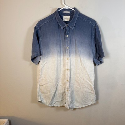 Lucky Brand Mens Linen Ombre Dip Dye Short Sleeve Button Down Shirt Blue Large