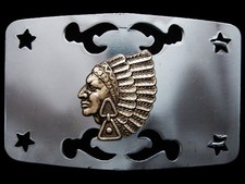 KD13140 VINTAGE 1970s SOUTHWESTERN STYLE  INDIAN CHIEF  SILVERTONE BELT BUCKLE