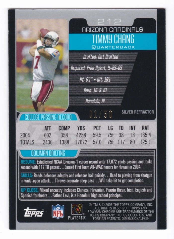 2005 Bowman Chrome Timmy Chang #212 Rookie Silver Refractor Parallel #1/50 1/1 - Image 2 of 3