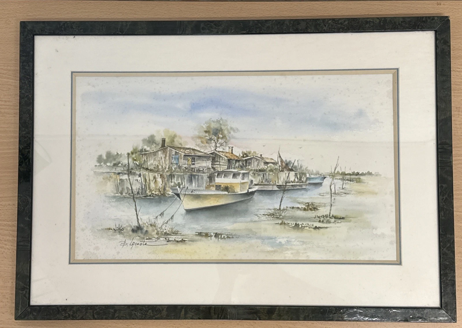 Peinture Encadré Bassin D’arcachon Cabane Bâteau Signé Lacoste