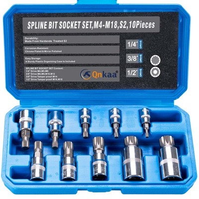 Qnkaa Spline Socket Bit Set 10pcs Square Triple Silver M4 - M18 Variety Pack