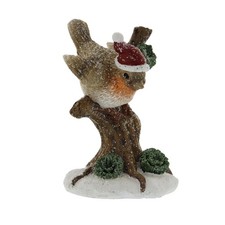 Robin Ornament Christmas Decoration with Santa Hat on a Tree Stump 12cm P056867