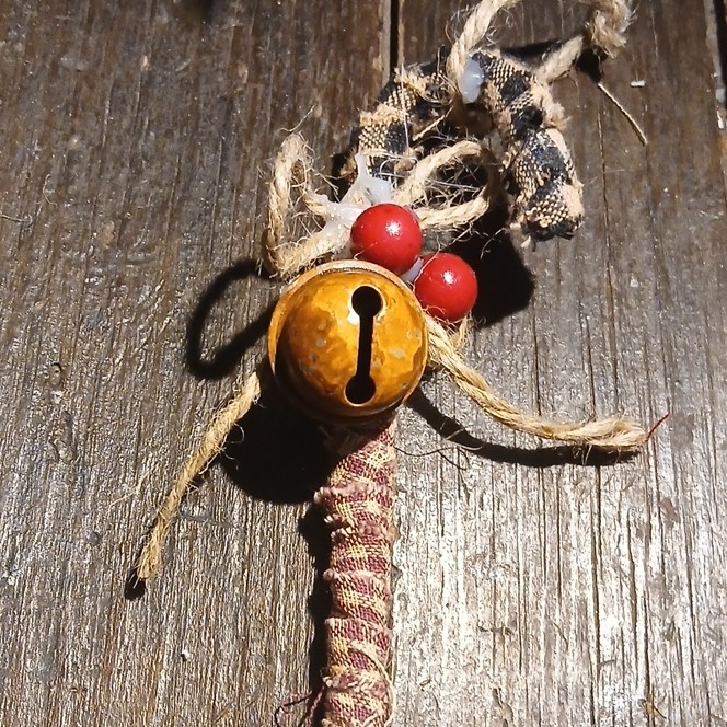 Handmade Rustic Plaid Candy Cane Ornament with Bell, Red Beads & Fabric