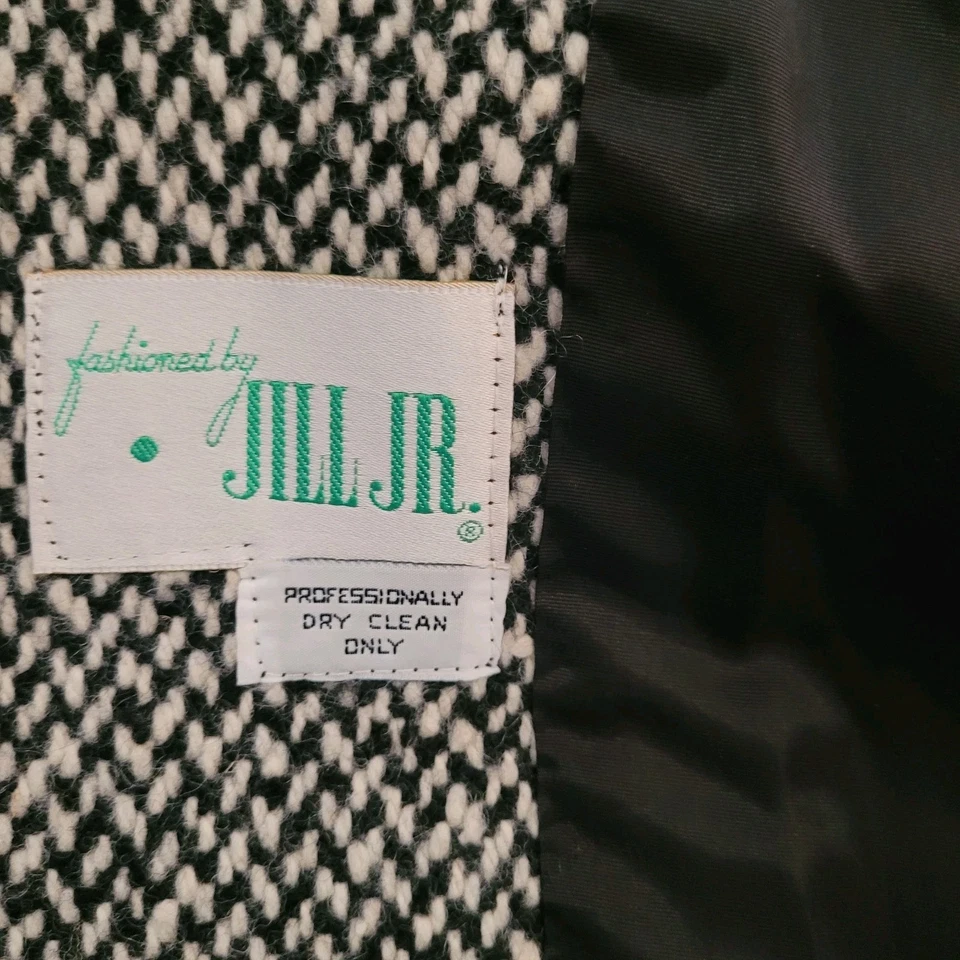 Vintage Jill Jr Wool Blend Herringbone Coat Black White Tweed Double Breasted - Image 4 of 4