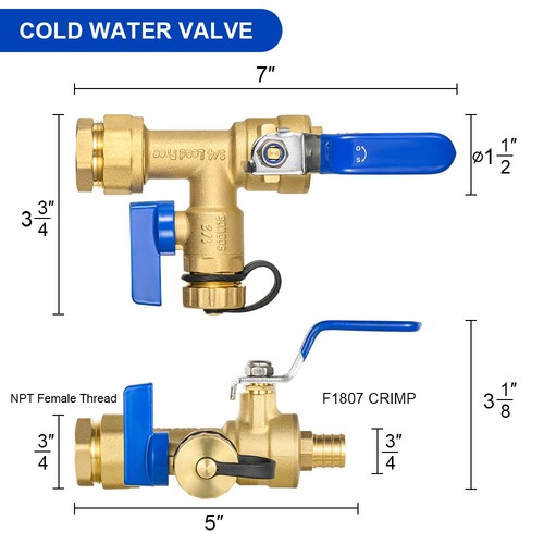 Kit de válvula de calentador de agua sin tanque aislador de 1/4 vuelta EFIELD, entrada de crimpado Pex de 3/4" - Imagen 3 de 5