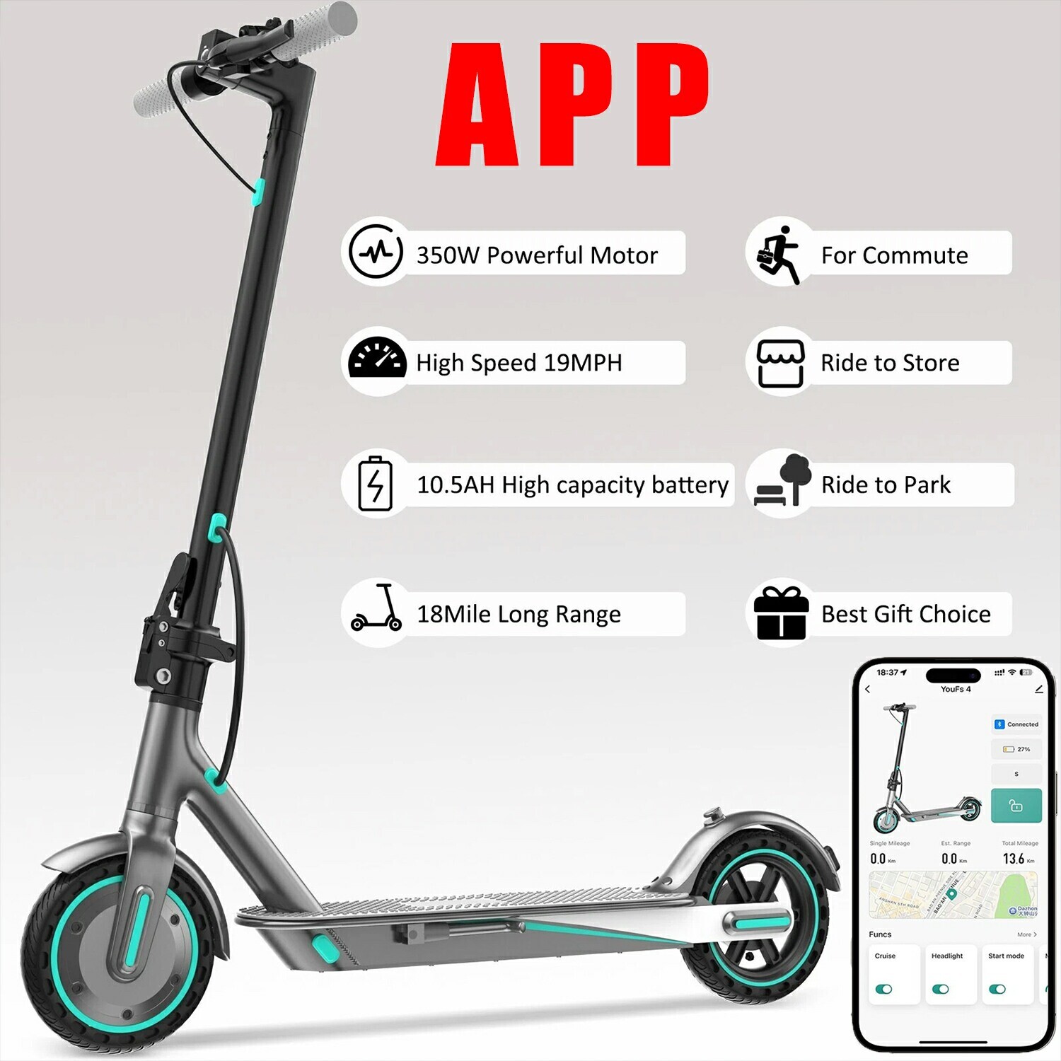 Adult Blue 350W E-Scooter: Foldable Design, 30km Travel, 36V 10.4Ah, APP Control